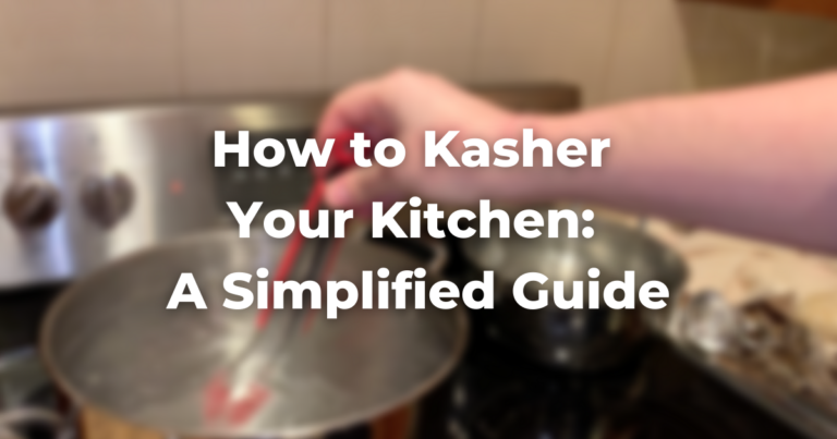 blurry image Hand placing utensil into boiling pot of water with the words How to Kasher Your Kitchen: A Simplified Guide of lots of bread