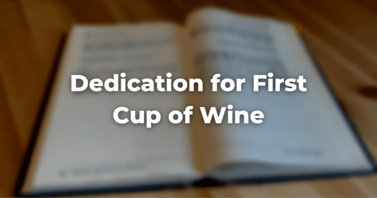 blurry image of a book with the words Dedication for First Cup of Wine